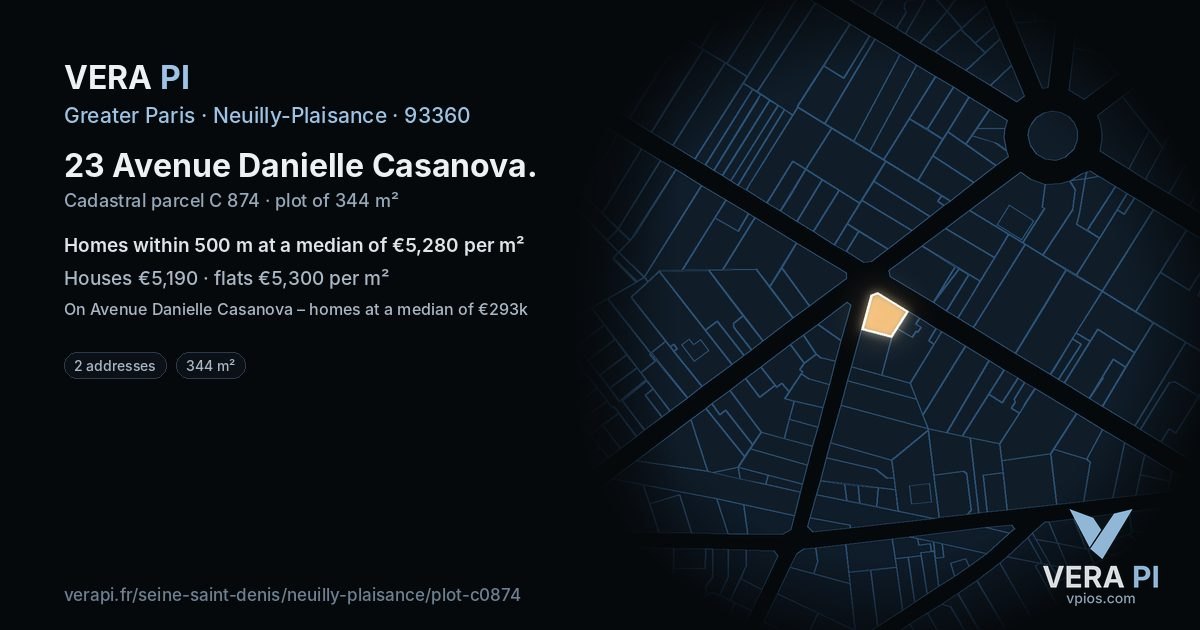 23 Avenue Danielle Casanova, Neuilly-Plaisance at night – the plot lit, the parcels around coloured by the prices near them