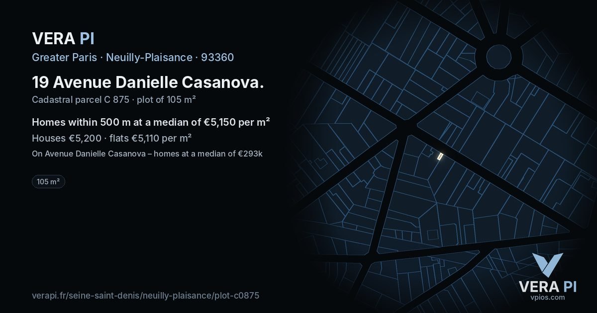 19 Avenue Danielle Casanova, Neuilly-Plaisance at night – the plot lit, the parcels around coloured by the prices near them