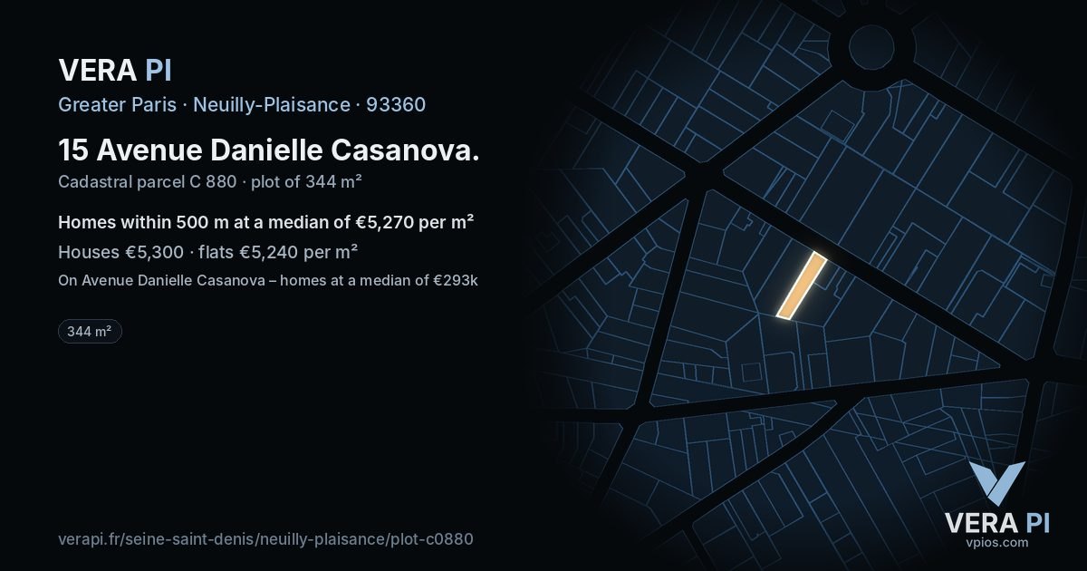 15 Avenue Danielle Casanova, Neuilly-Plaisance at night – the plot lit, the parcels around coloured by the prices near them