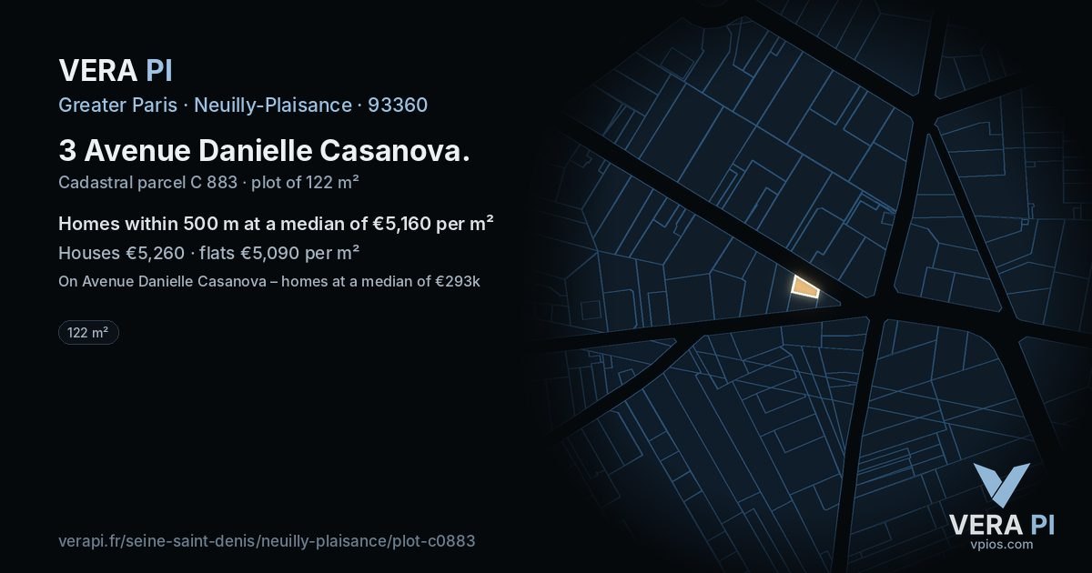 3 Avenue Danielle Casanova, Neuilly-Plaisance at night – the plot lit, the parcels around coloured by the prices near them