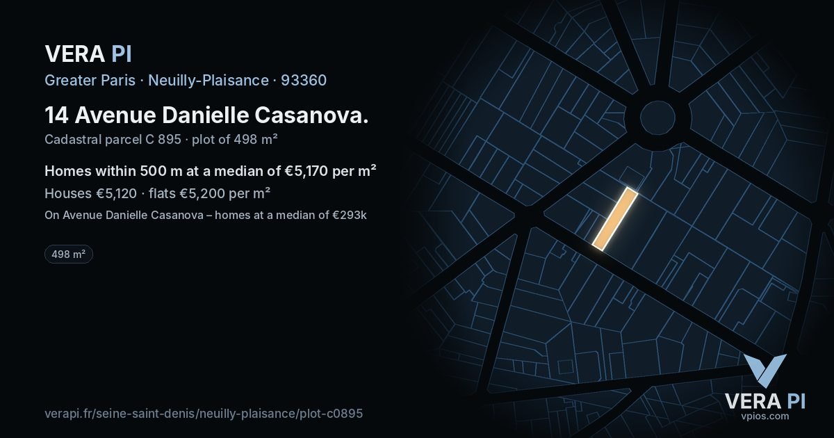 14 Avenue Danielle Casanova, Neuilly-Plaisance at night – the plot lit, the parcels around coloured by the prices near them