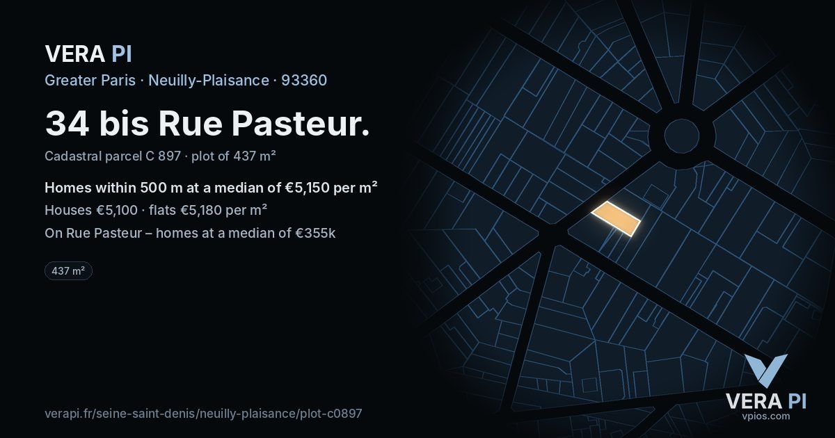 34 bis Rue Pasteur, Neuilly-Plaisance at night – the plot lit, the parcels around coloured by the prices near them