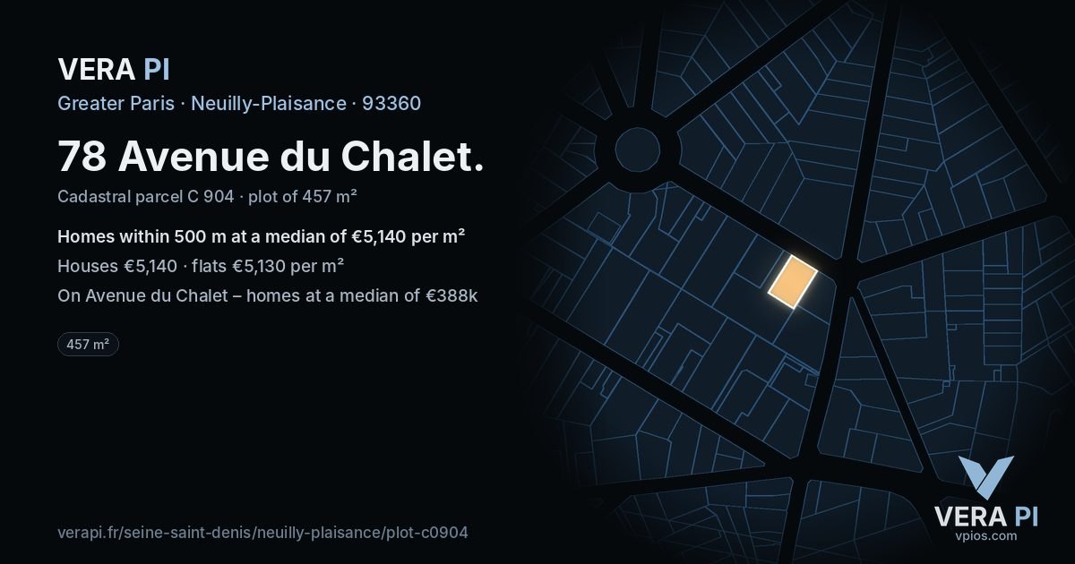 78 Avenue du Chalet, Neuilly-Plaisance at night – the plot lit, the parcels around coloured by the prices near them