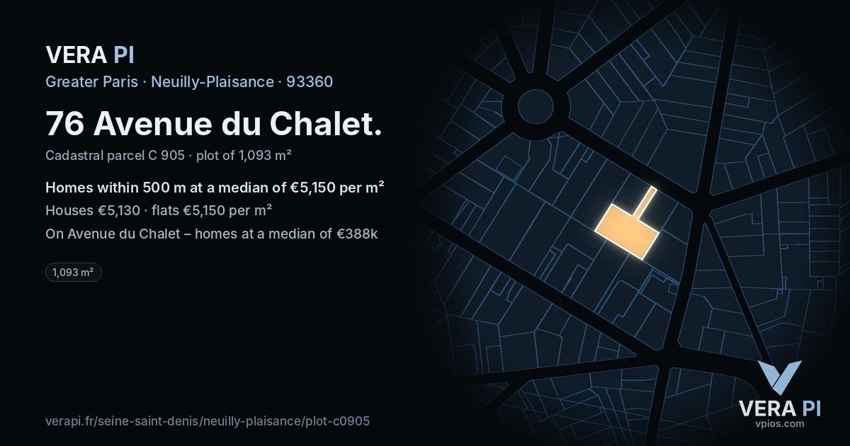 76 Avenue du Chalet, Neuilly-Plaisance at night – the plot lit, the parcels around coloured by the prices near them