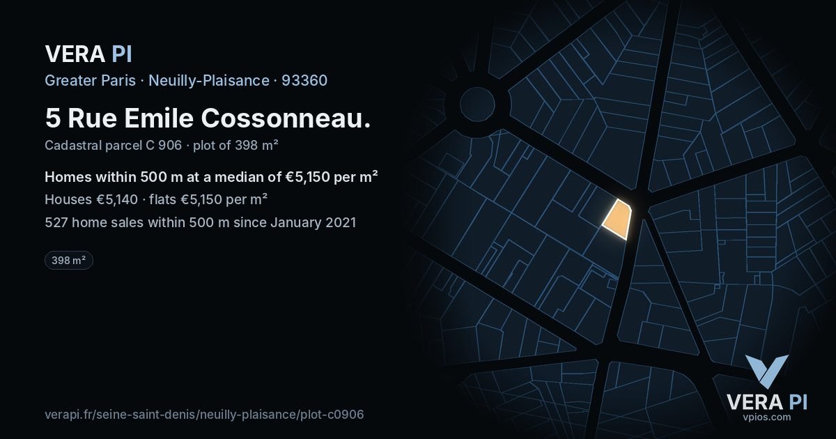 5 Rue Emile Cossonneau, Neuilly-Plaisance at night – the plot lit, the parcels around coloured by the prices near them