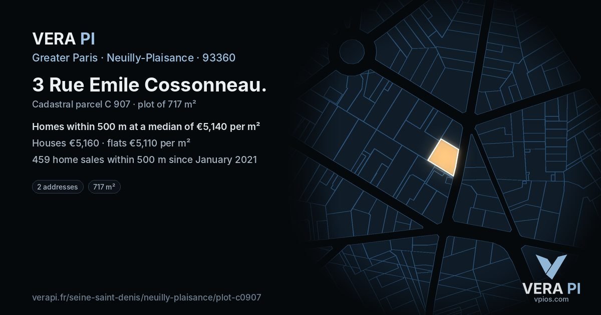 3 Rue Emile Cossonneau, Neuilly-Plaisance at night – the plot lit, the parcels around coloured by the prices near them