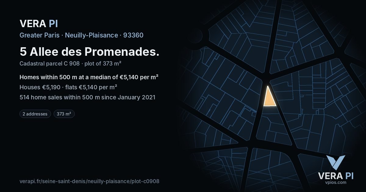 5 Allee des Promenades, Neuilly-Plaisance at night – the plot lit, the parcels around coloured by the prices near them