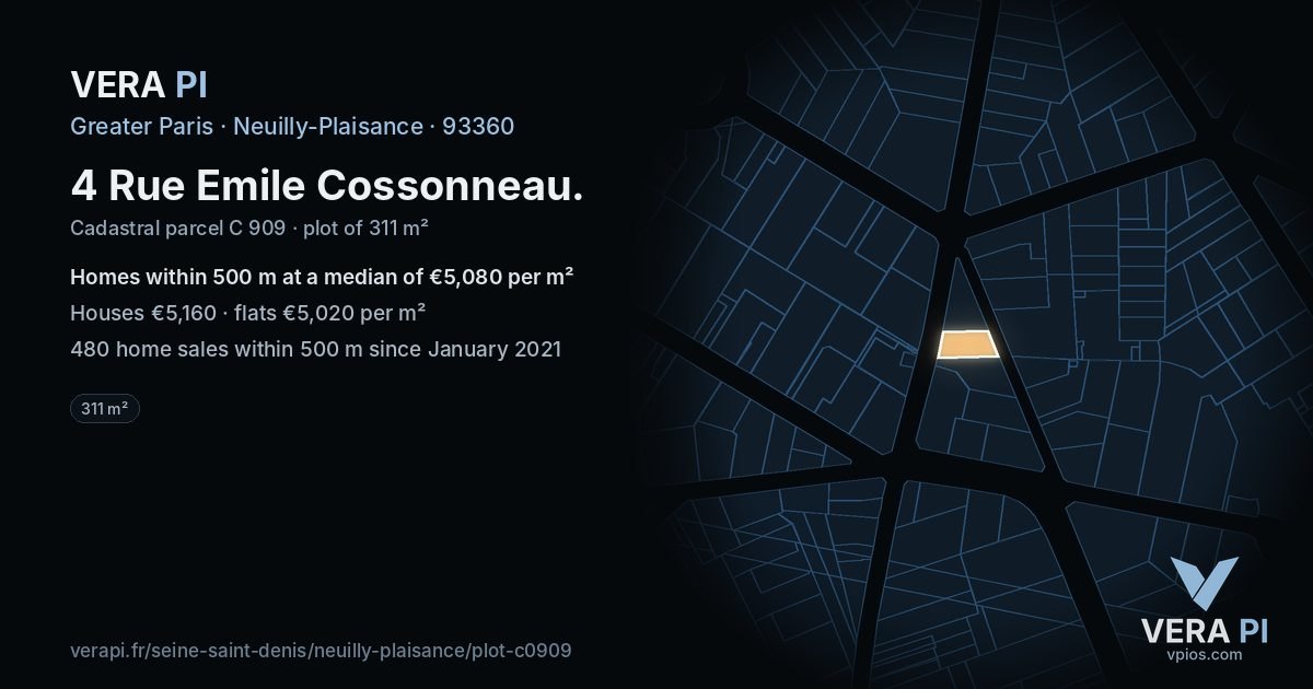 4 Rue Emile Cossonneau, Neuilly-Plaisance at night – the plot lit, the parcels around coloured by the prices near them