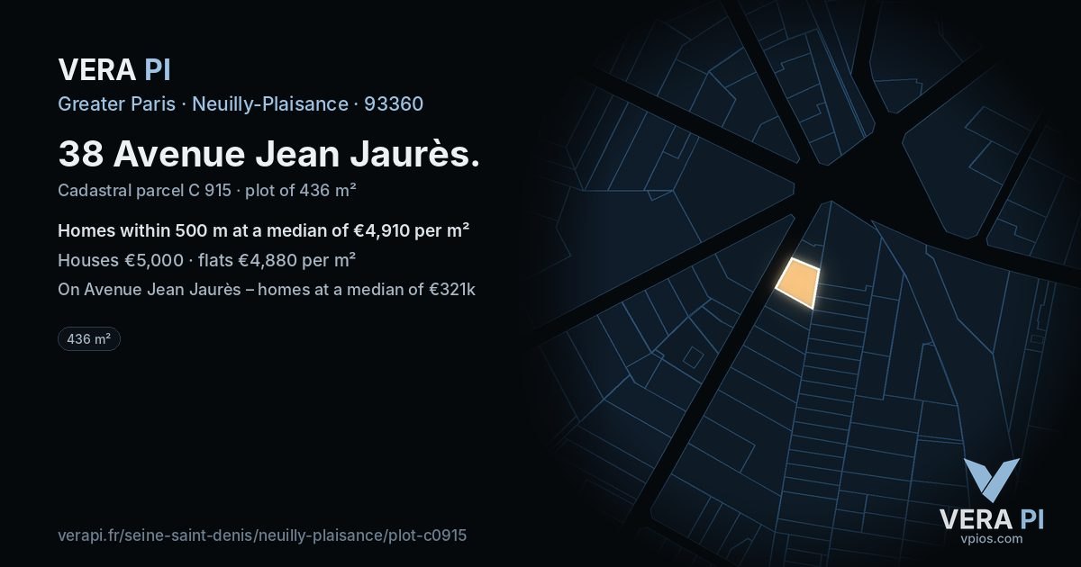 38 Avenue Jean Jaurès, Neuilly-Plaisance at night – the plot lit, the parcels around coloured by the prices near them