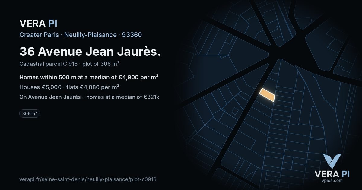 36 Avenue Jean Jaurès, Neuilly-Plaisance at night – the plot lit, the parcels around coloured by the prices near them