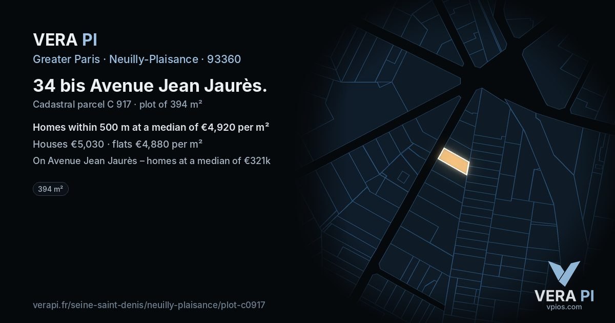 34 bis Avenue Jean Jaurès, Neuilly-Plaisance at night – the plot lit, the parcels around coloured by the prices near them