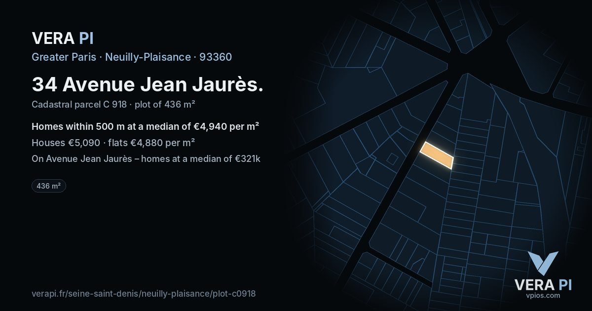 34 Avenue Jean Jaurès, Neuilly-Plaisance at night – the plot lit, the parcels around coloured by the prices near them