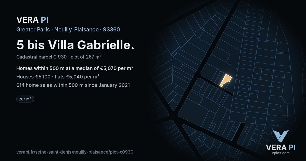 5 bis Villa Gabrielle, Neuilly-Plaisance at night – the plot lit, the parcels around coloured by the prices near them