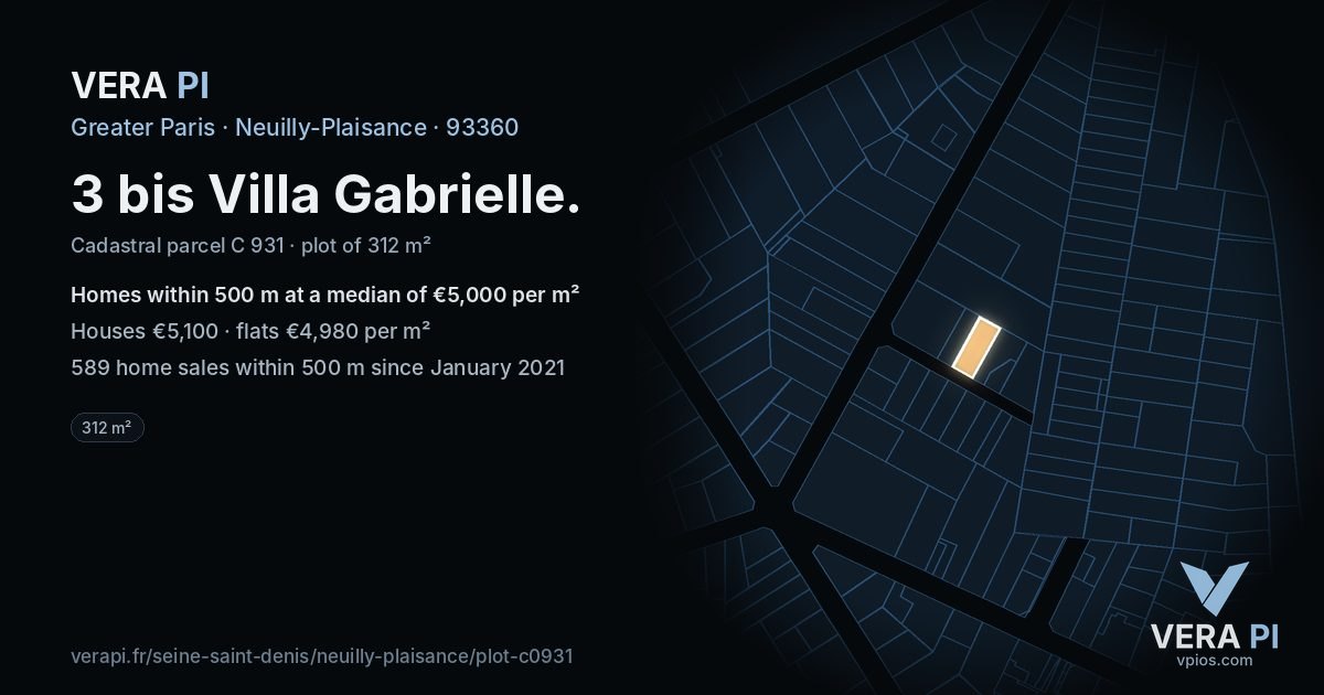 3 bis Villa Gabrielle, Neuilly-Plaisance at night – the plot lit, the parcels around coloured by the prices near them