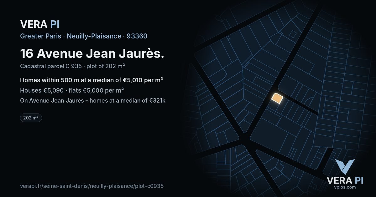 16 Avenue Jean Jaurès, Neuilly-Plaisance at night – the plot lit, the parcels around coloured by the prices near them
