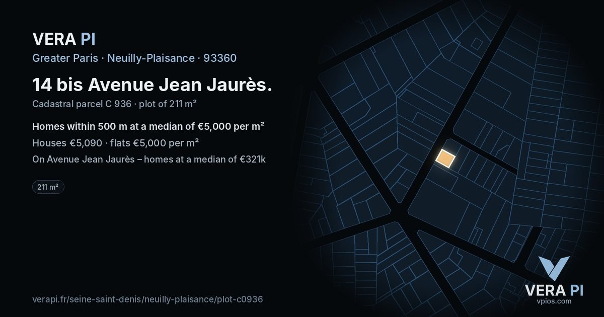14 bis Avenue Jean Jaurès, Neuilly-Plaisance at night – the plot lit, the parcels around coloured by the prices near them
