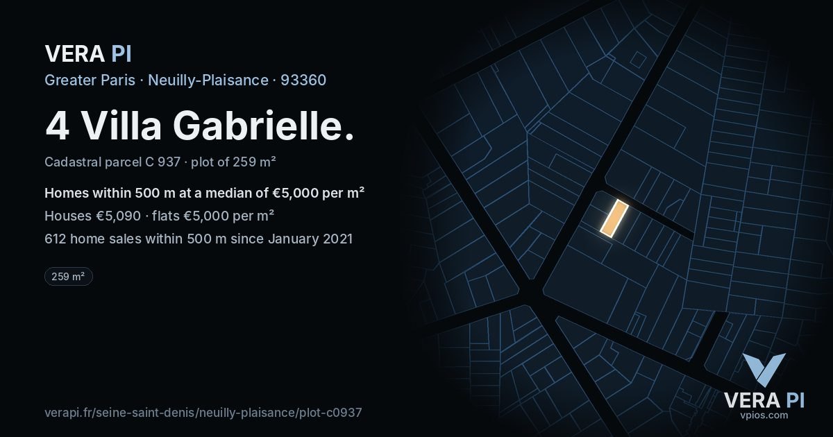 4 Villa Gabrielle, Neuilly-Plaisance at night – the plot lit, the parcels around coloured by the prices near them