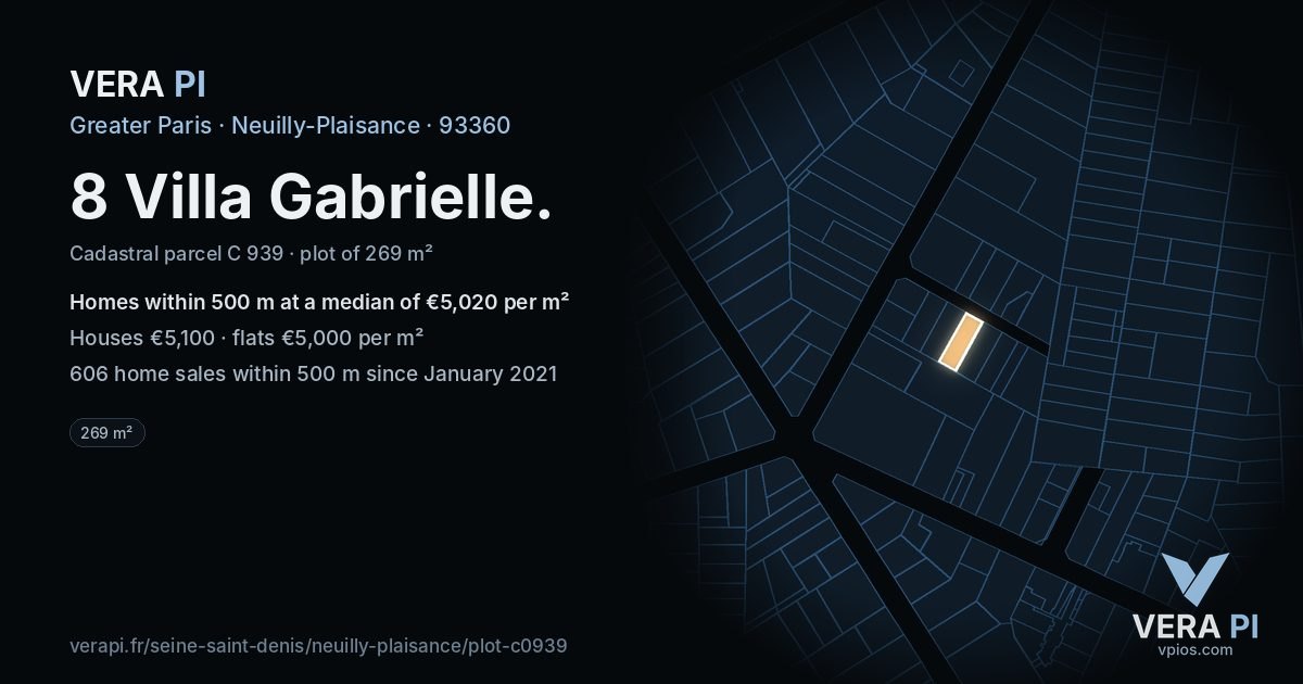 8 Villa Gabrielle, Neuilly-Plaisance at night – the plot lit, the parcels around coloured by the prices near them