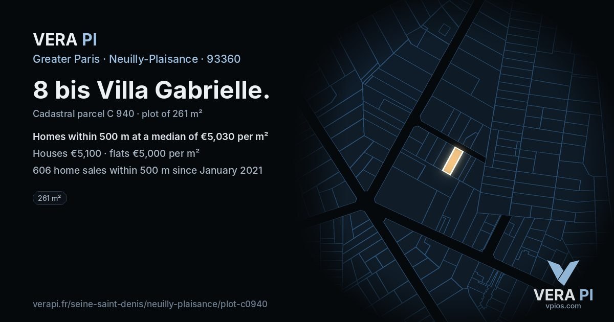 8 bis Villa Gabrielle, Neuilly-Plaisance at night – the plot lit, the parcels around coloured by the prices near them