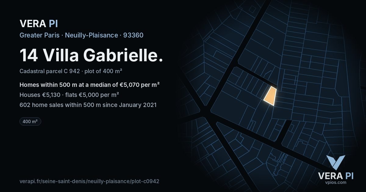 14 Villa Gabrielle, Neuilly-Plaisance at night – the plot lit, the parcels around coloured by the prices near them