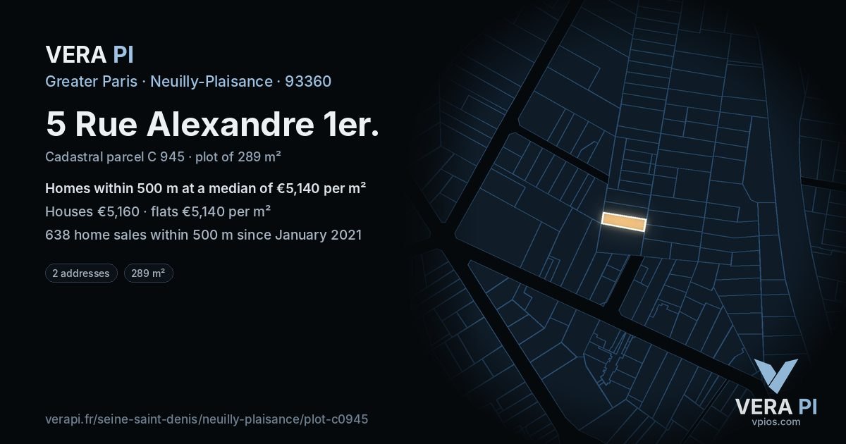 5 Rue Alexandre 1er, Neuilly-Plaisance at night – the plot lit, the parcels around coloured by the prices near them