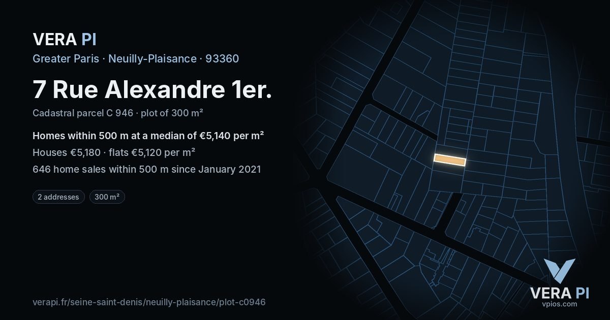 7 Rue Alexandre 1er, Neuilly-Plaisance at night – the plot lit, the parcels around coloured by the prices near them