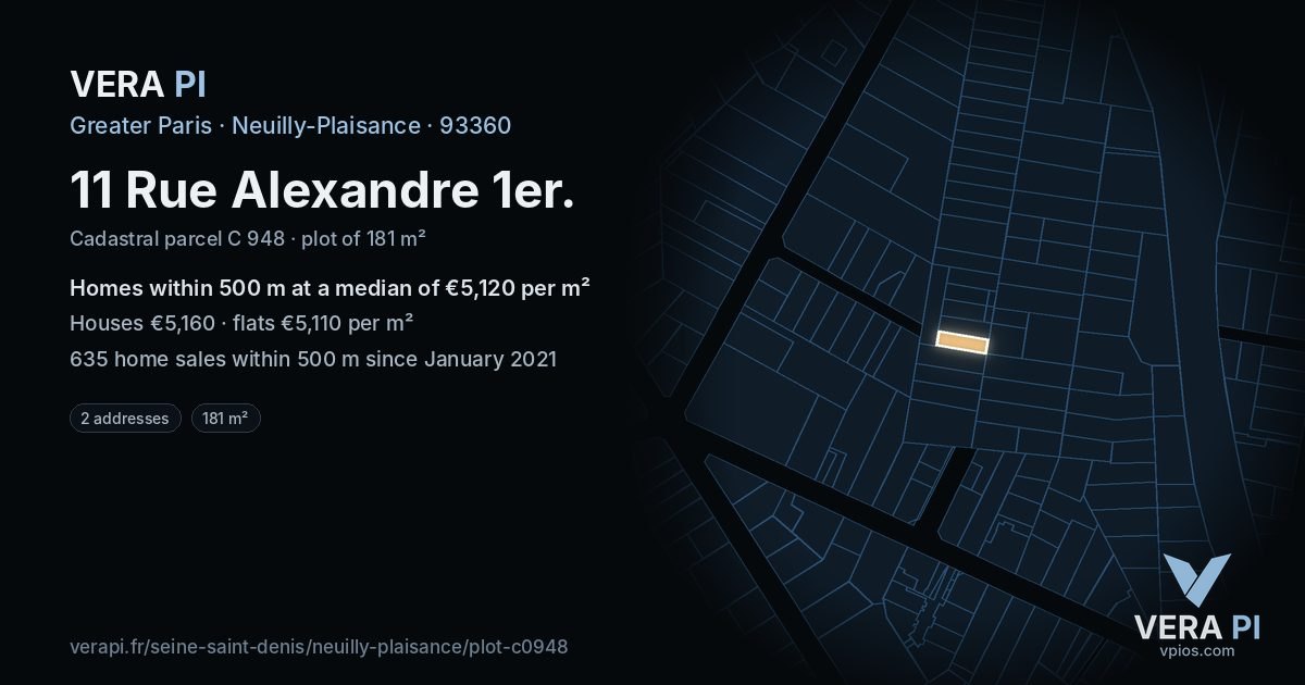 11 Rue Alexandre 1er, Neuilly-Plaisance at night – the plot lit, the parcels around coloured by the prices near them