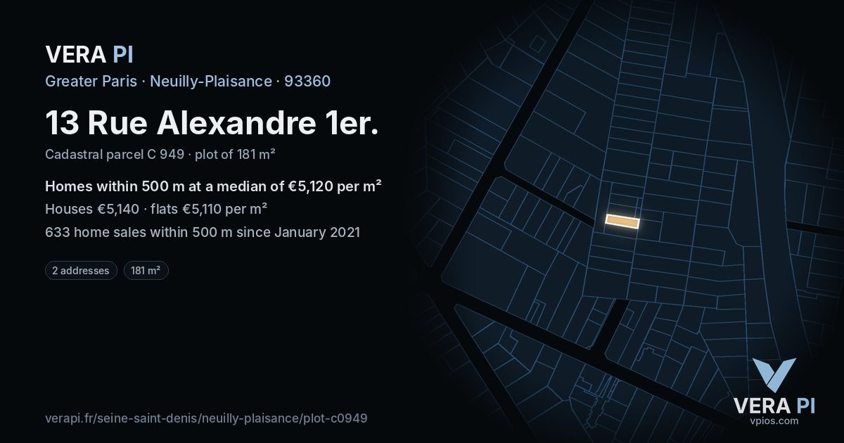13 Rue Alexandre 1er, Neuilly-Plaisance at night – the plot lit, the parcels around coloured by the prices near them