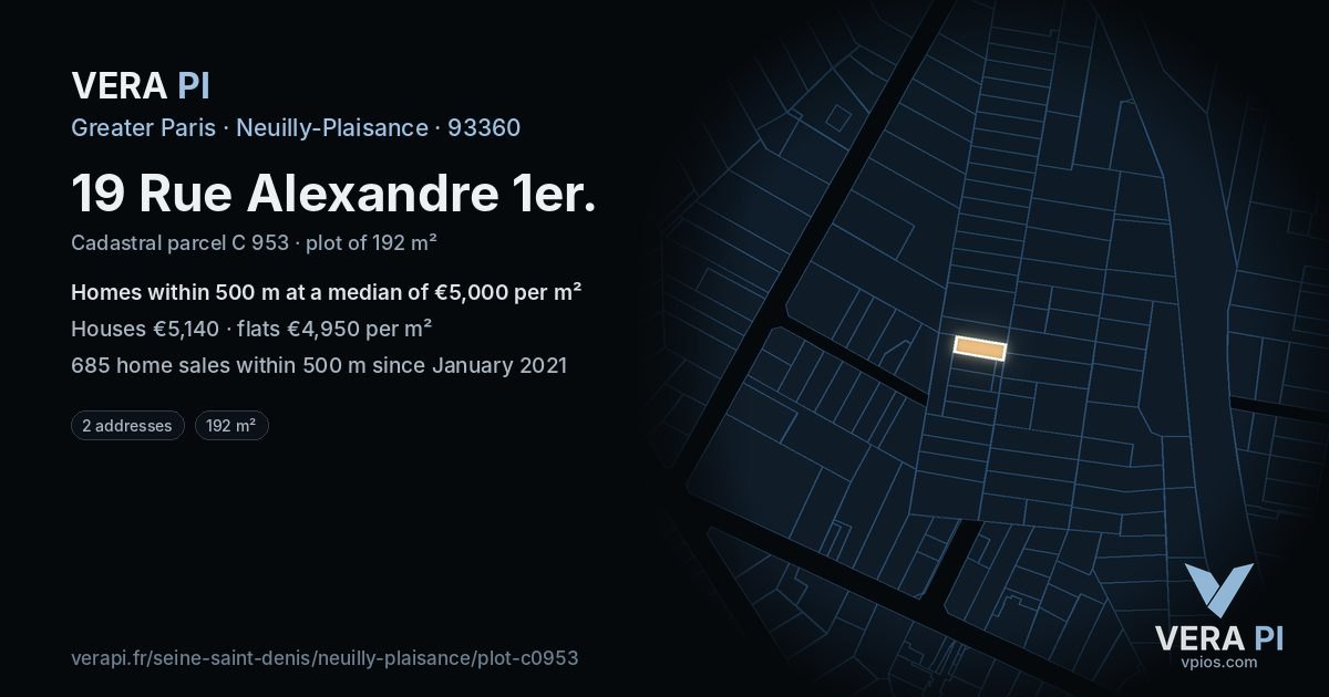 19 Rue Alexandre 1er, Neuilly-Plaisance at night – the plot lit, the parcels around coloured by the prices near them