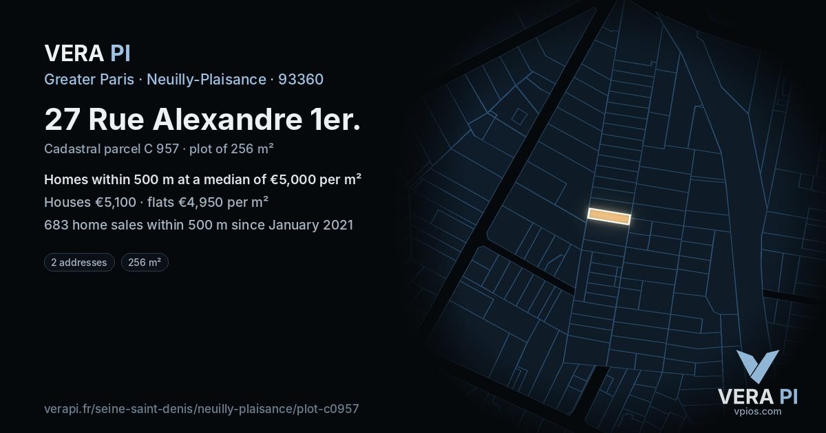 27 Rue Alexandre 1er, Neuilly-Plaisance at night – the plot lit, the parcels around coloured by the prices near them