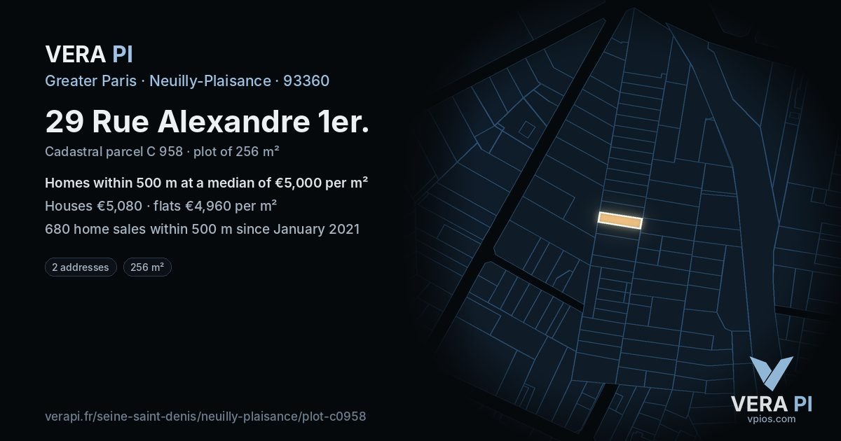 29 Rue Alexandre 1er, Neuilly-Plaisance at night – the plot lit, the parcels around coloured by the prices near them