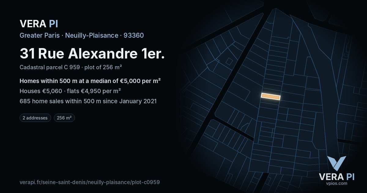 31 Rue Alexandre 1er, Neuilly-Plaisance at night – the plot lit, the parcels around coloured by the prices near them