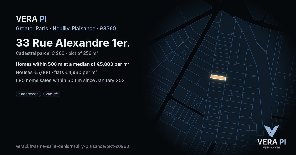 33 Rue Alexandre 1er, Neuilly-Plaisance at night – the plot lit, the parcels around coloured by the prices near them