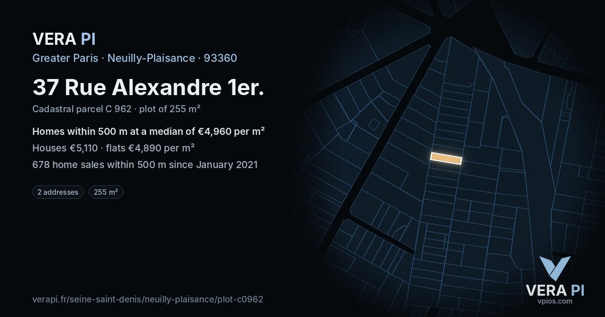 37 Rue Alexandre 1er, Neuilly-Plaisance at night – the plot lit, the parcels around coloured by the prices near them