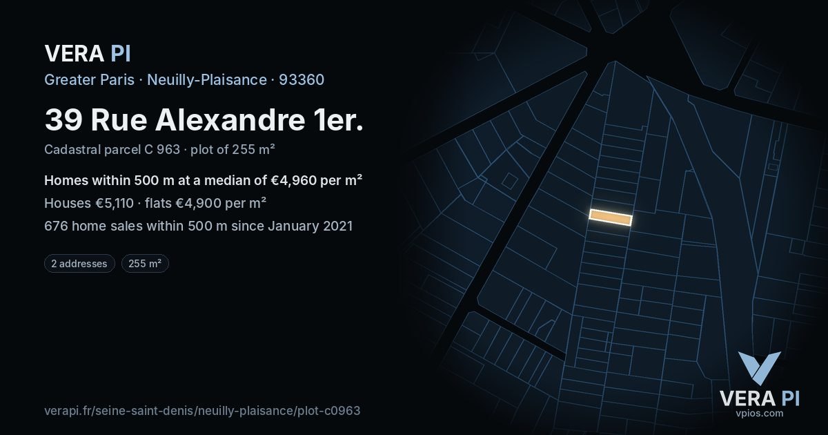 39 Rue Alexandre 1er, Neuilly-Plaisance at night – the plot lit, the parcels around coloured by the prices near them