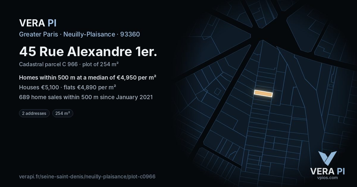 45 Rue Alexandre 1er, Neuilly-Plaisance at night – the plot lit, the parcels around coloured by the prices near them