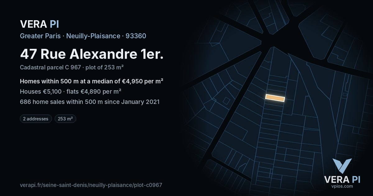 47 Rue Alexandre 1er, Neuilly-Plaisance at night – the plot lit, the parcels around coloured by the prices near them
