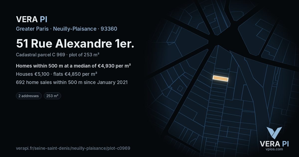 51 Rue Alexandre 1er, Neuilly-Plaisance at night – the plot lit, the parcels around coloured by the prices near them