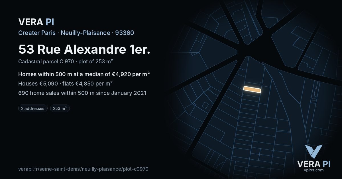 53 Rue Alexandre 1er, Neuilly-Plaisance at night – the plot lit, the parcels around coloured by the prices near them