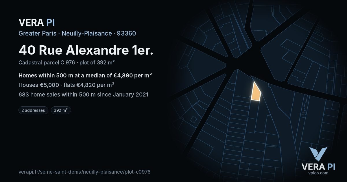 40 Rue Alexandre 1er, Neuilly-Plaisance at night – the plot lit, the parcels around coloured by the prices near them