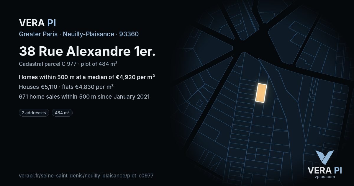 38 Rue Alexandre 1er, Neuilly-Plaisance at night – the plot lit, the parcels around coloured by the prices near them