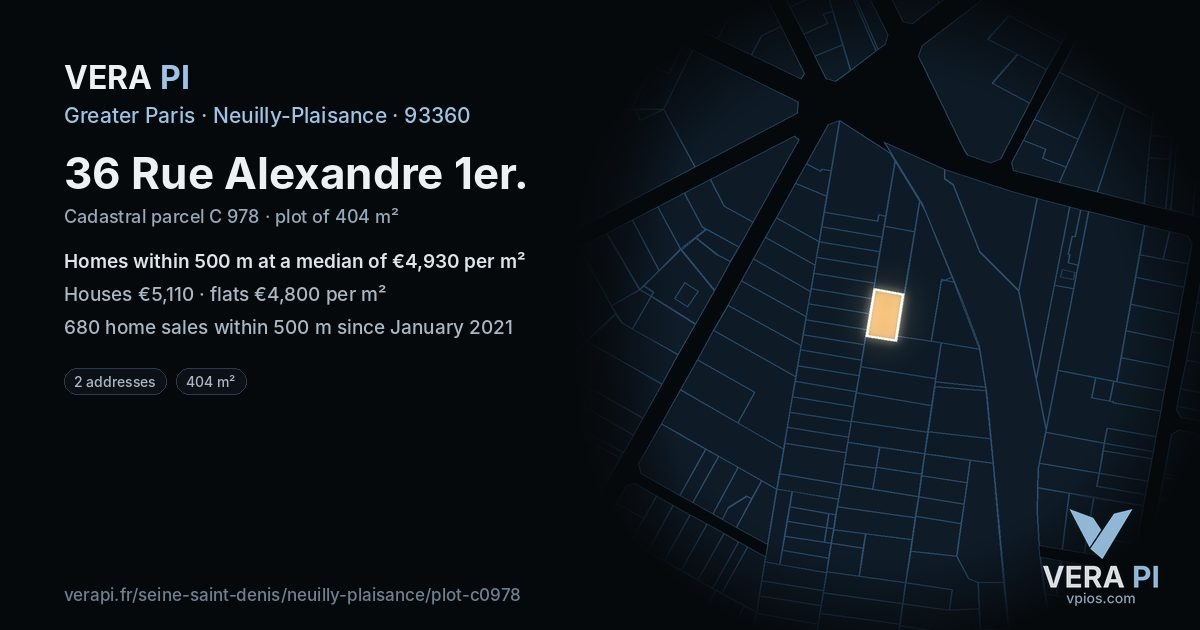 36 Rue Alexandre 1er, Neuilly-Plaisance at night – the plot lit, the parcels around coloured by the prices near them