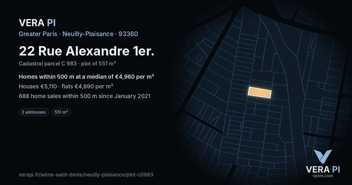 22 Rue Alexandre 1er, Neuilly-Plaisance at night – the plot lit, the parcels around coloured by the prices near them