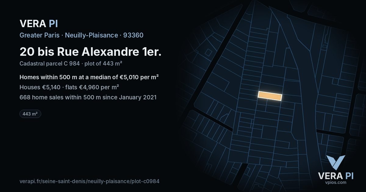 20 bis Rue Alexandre 1er, Neuilly-Plaisance at night – the plot lit, the parcels around coloured by the prices near them