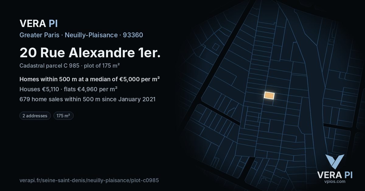 20 Rue Alexandre 1er, Neuilly-Plaisance at night – the plot lit, the parcels around coloured by the prices near them