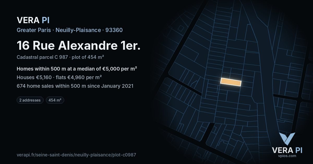16 Rue Alexandre 1er, Neuilly-Plaisance at night – the plot lit, the parcels around coloured by the prices near them