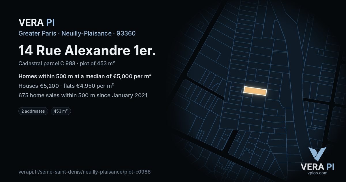 14 Rue Alexandre 1er, Neuilly-Plaisance at night – the plot lit, the parcels around coloured by the prices near them