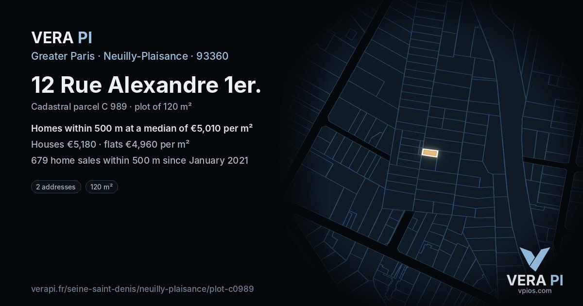 12 Rue Alexandre 1er, Neuilly-Plaisance at night – the plot lit, the parcels around coloured by the prices near them