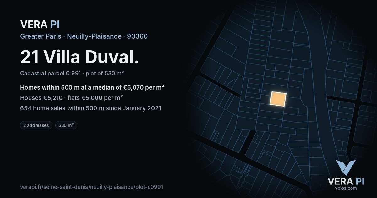 21 Villa Duval, Neuilly-Plaisance at night – the plot lit, the parcels around coloured by the prices near them