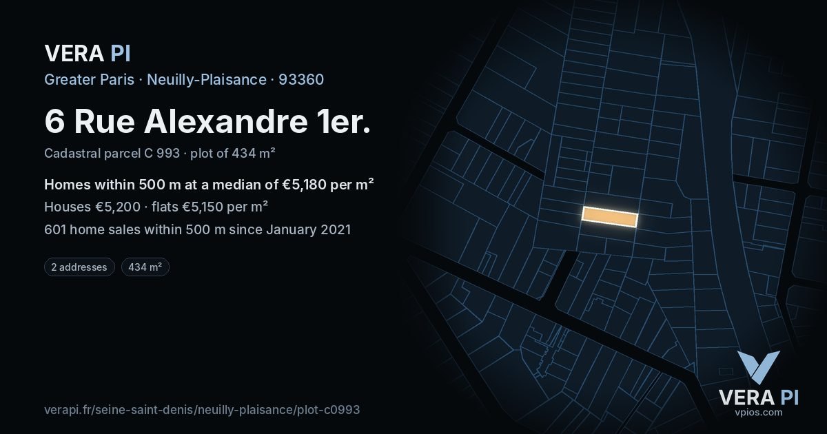 6 Rue Alexandre 1er, Neuilly-Plaisance at night – the plot lit, the parcels around coloured by the prices near them